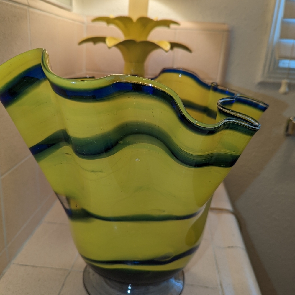 PasargadNY-Style Ceramic Bowl Vase Yellow 🟡 🔵 Abstract Large